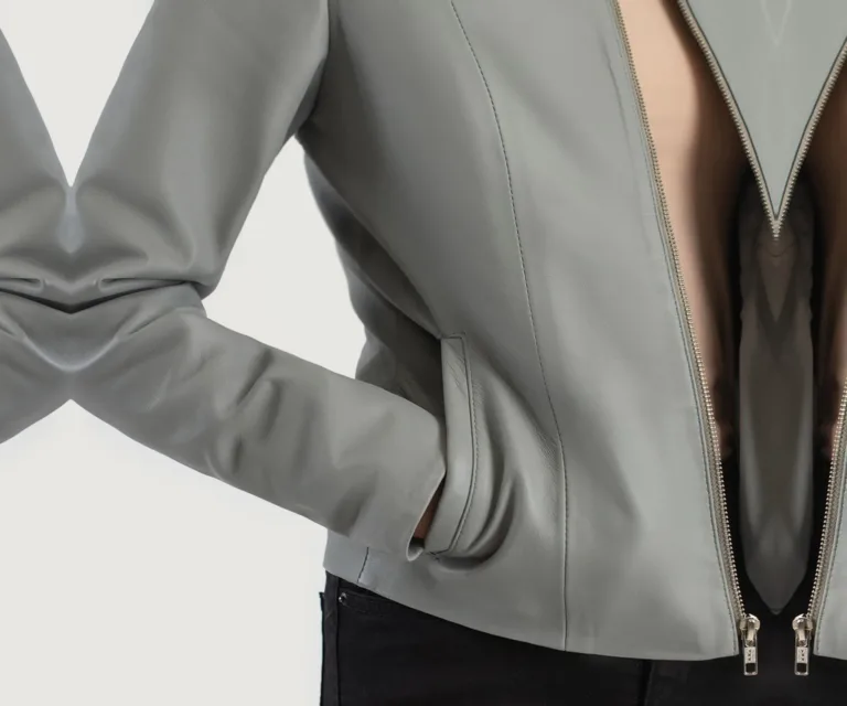 Elixir Grey Collarless Leather Jacket Luxury Women's Outerwear — Full-Length Silhouette & Drape