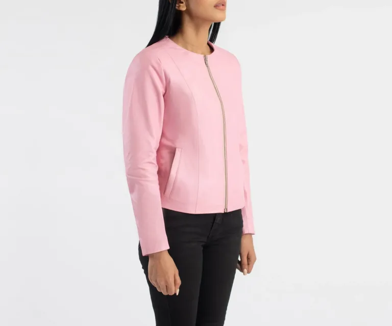 Elixir Pink Collarless Leather Jacket Luxury Women's Outerwear — Three-Quarter Editorial Perspective
