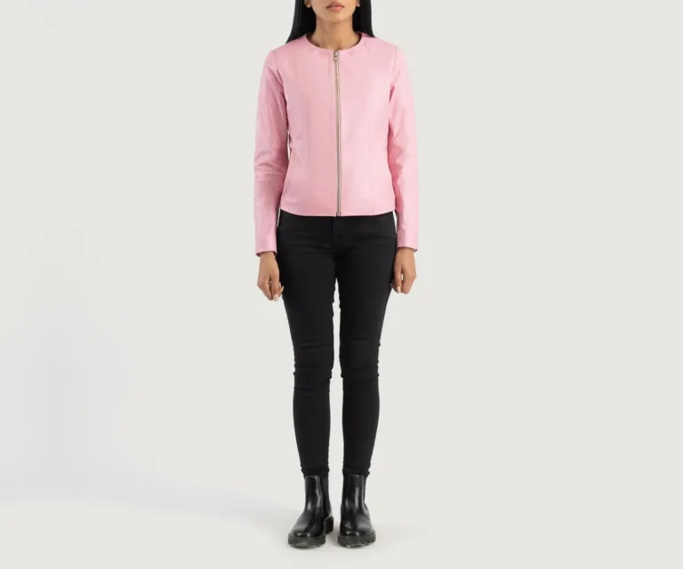 Elixir Pink Collarless Leather Jacket Luxury Women's Outerwear — Collar & Ribbed Trim Architecture