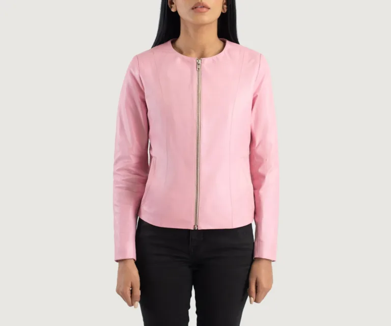 Elixir Pink Collarless Leather Jacket Luxury Women's Outerwear — Rear Profile & Tailored Seaming