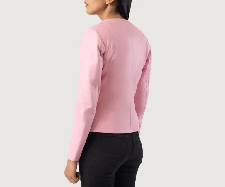 Elixir Pink Collarless Leather Jacket Luxury Women's Outerwear — Macro Hardware & Leather Grain