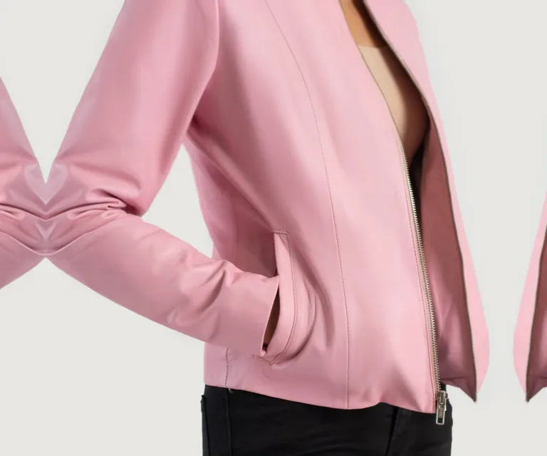 Elixir Pink Collarless Leather Jacket Luxury Women's Outerwear — Full-Length Silhouette & Drape