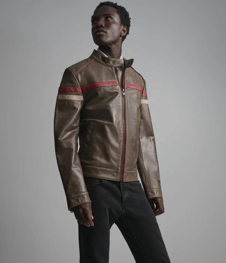 Elliot Vintage Striped Racer Jacket in Brown, side, image 2 of 6.