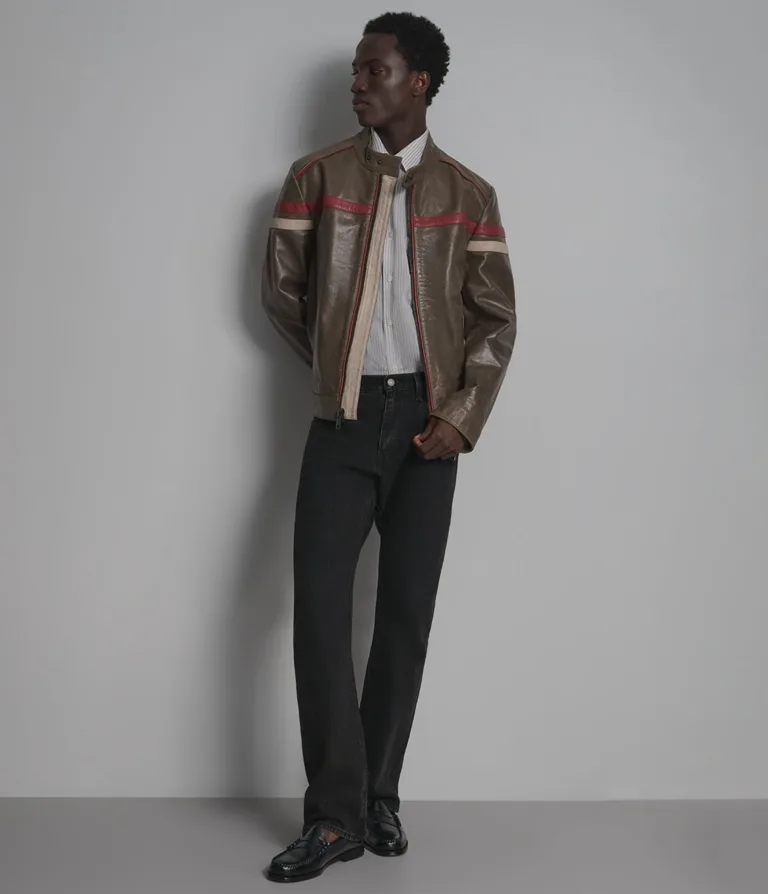 Elliot Vintage Striped Racer Jacket in Brown, front, image 6 of 6.