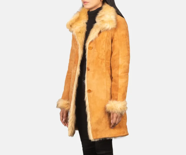 Erica Shearling Beige Leather Coat Luxury Women's Outerwear — Three-Quarter Editorial Perspective
