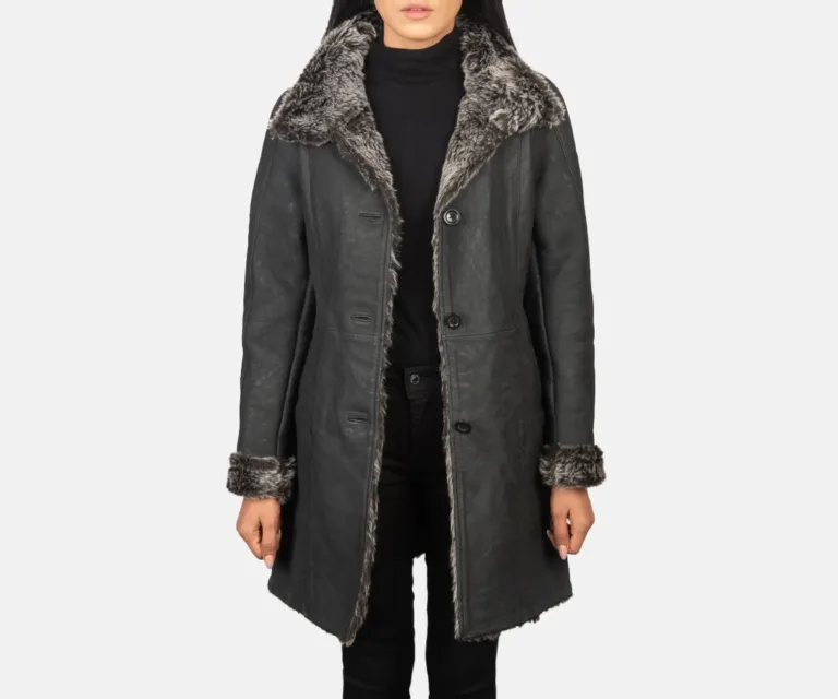 Erica Shearling Black Leather Coat Luxury Women's Outerwear — Front Silhouette Hero Presentation