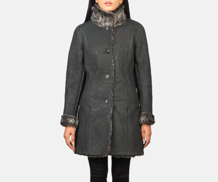 Erica Shearling Black Leather Coat Luxury Women's Outerwear — Rear Profile & Tailored Seaming