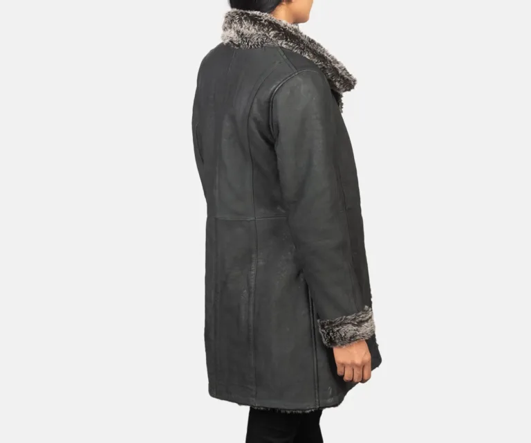 Erica Shearling Black Leather Coat Luxury Women's Outerwear — Macro Hardware & Leather Grain