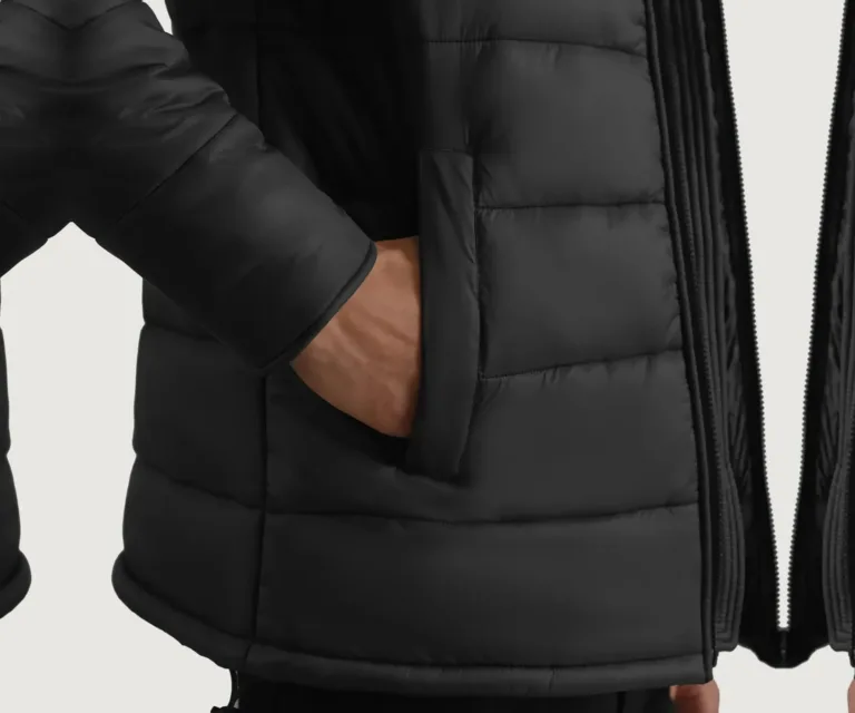 Erico Black Hooded Puffer Jacket — Macro Detail Texture, Stitching & Hardware