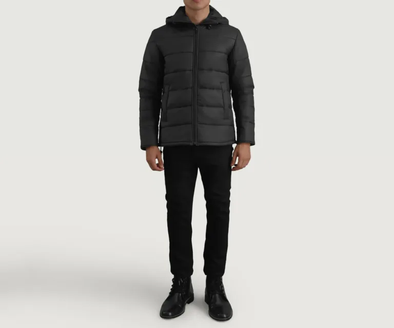 Erico Black Hooded Puffer Jacket — Full-Length Model Editorial Presentation