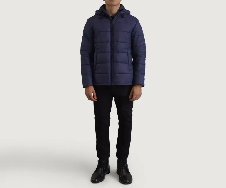 Erico Blue Hooded Puffer Jacket — Full-Length Model Editorial Presentation