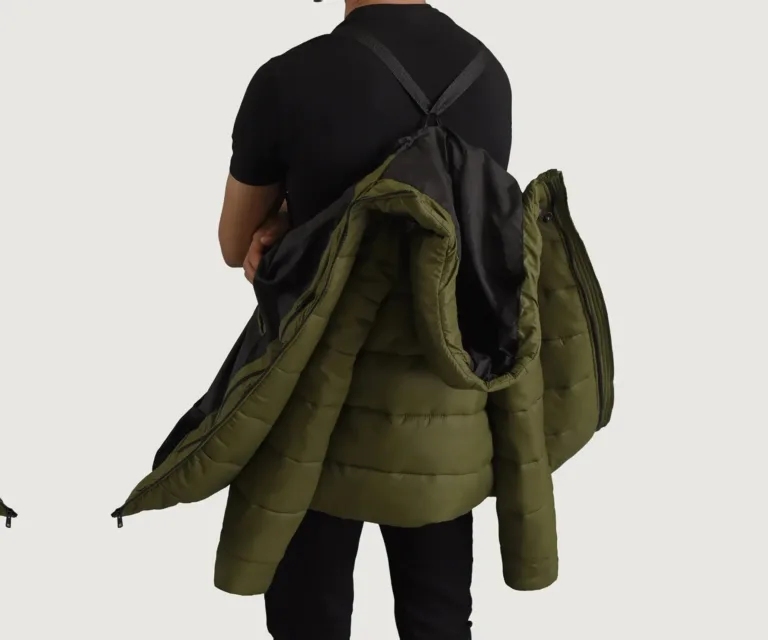 Erico Green Hooded Puffer Jacket — Front Collar & Placket Thermal Detail