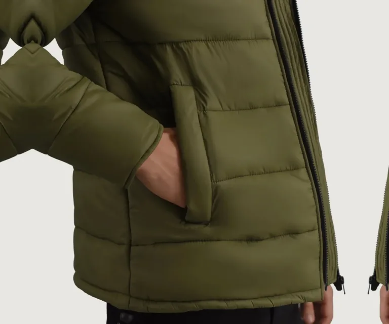 Erico Green Hooded Puffer Jacket — Macro Detail Texture, Stitching & Hardware