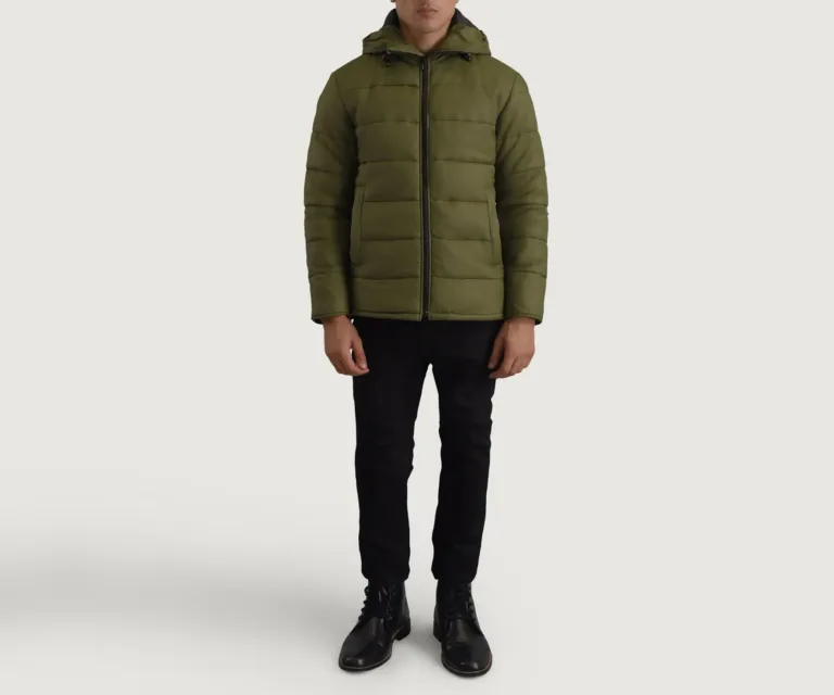 Erico Green Hooded Puffer Jacket — Full-Length Model Editorial Presentation