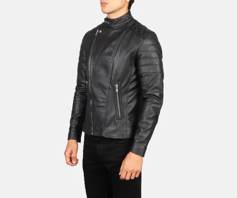 Faisor Black Leather Biker Jacket — Quarter Angle Profile & Contoured Sleeve Detail