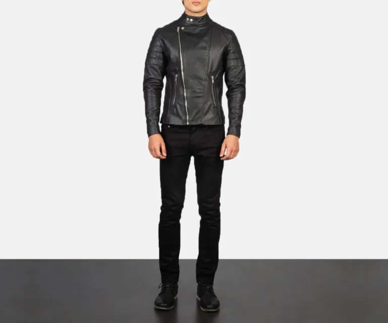 Faisor Black Leather Biker Jacket — Front Zipped Placket & Collar Detail