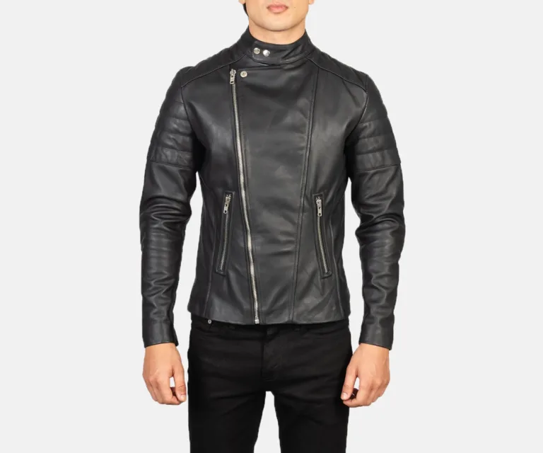Faisor Black Leather Biker Jacket — Rear Back View & Clean Hemline