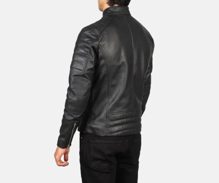 Faisor Black Leather Biker Jacket — Macro Detail Texture, Stitching & Hardware