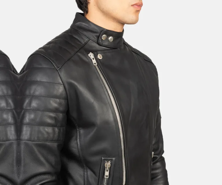 Faisor Black Leather Biker Jacket — Full-Length Model Editorial Presentation