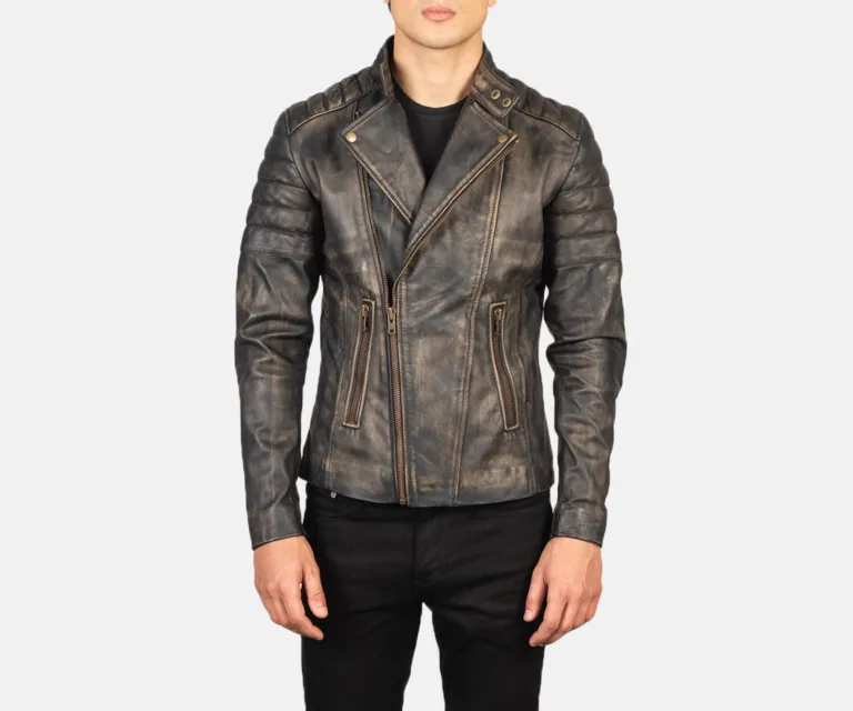 Faisor Distressed Brown Leather Biker Jacket — Front Open Hero Presentation
