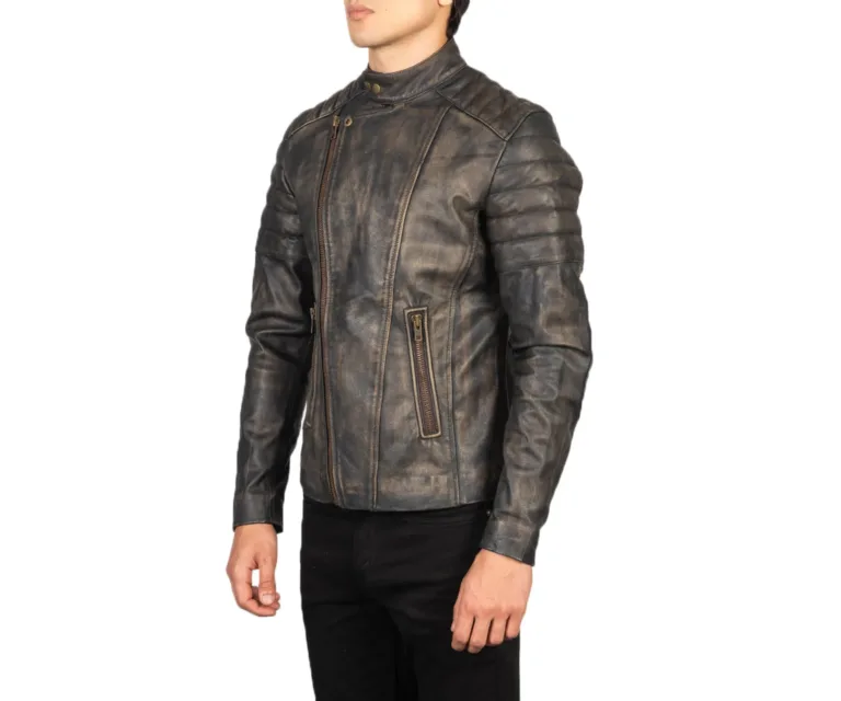 Faisor Distressed Brown Leather Biker Jacket — Quarter Angle Profile & Contoured Sleeve Detail