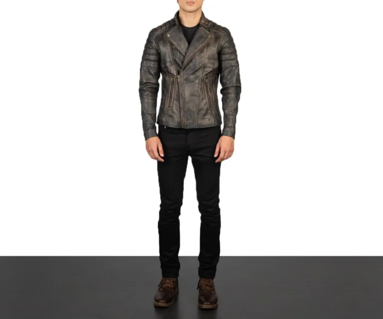 Faisor Distressed Brown Leather Biker Jacket — Front Zipped Placket & Collar Detail
