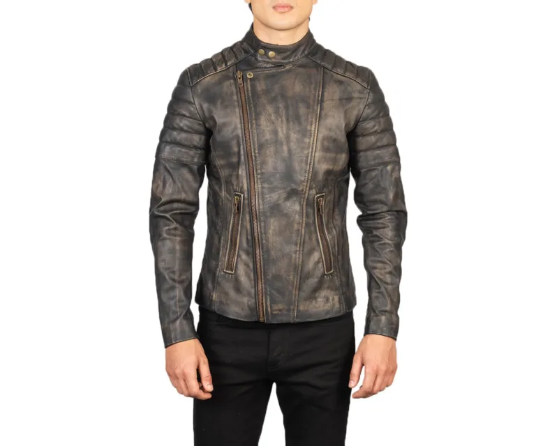 Faisor Distressed Brown Leather Biker Jacket — Rear Back View & Clean Hemline