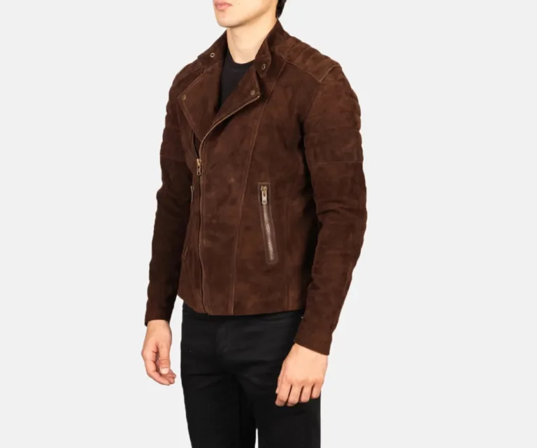 Faisor Mocha Suede Biker Jacket — Quarter Angle Profile & Contoured Sleeve Detail