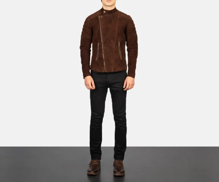Faisor Mocha Suede Biker Jacket — Front Zipped Placket & Collar Detail