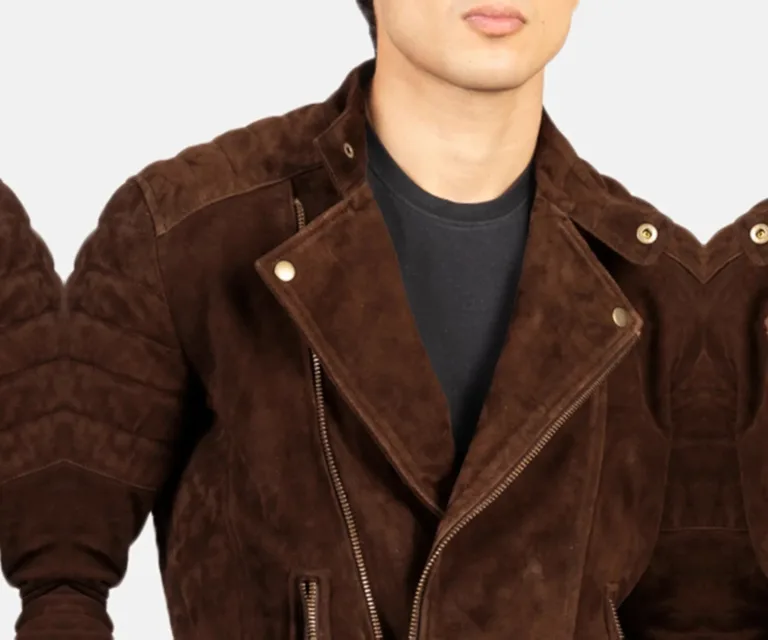 Faisor Mocha Suede Biker Jacket — Full-Length Model Editorial Presentation