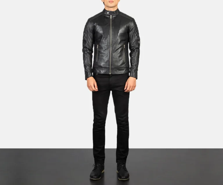 Fernando Quilted Black Leather Biker Jacket — Front Zipped Placket & Collar Detail