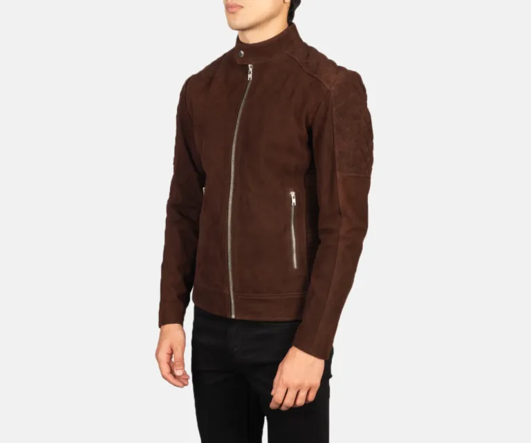 Fernando Quilted Brown Suede Biker Jacket — Quarter Angle Profile & Contoured Sleeve Detail