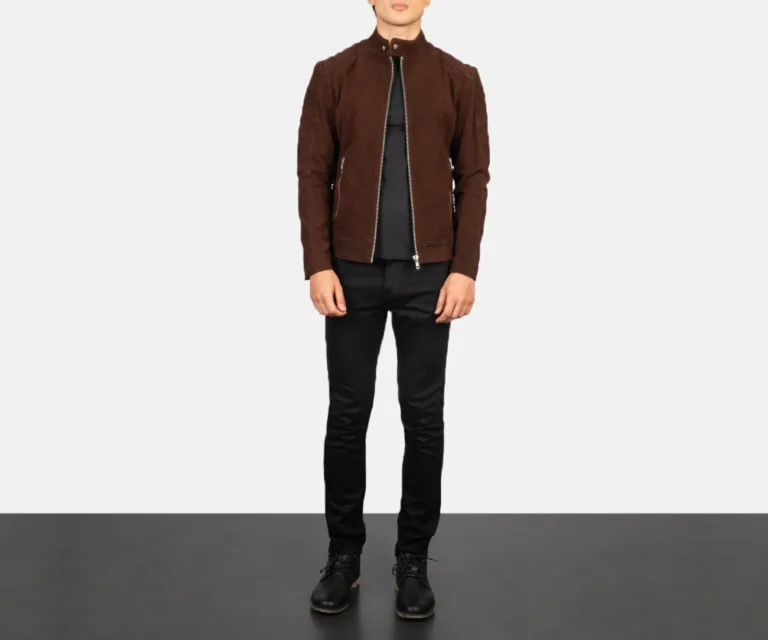 Fernando Quilted Brown Suede Biker Jacket — Front Zipped Placket & Collar Detail