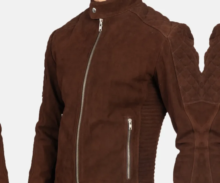 Fernando Quilted Brown Suede Biker Jacket — Full-Length Model Editorial Presentation