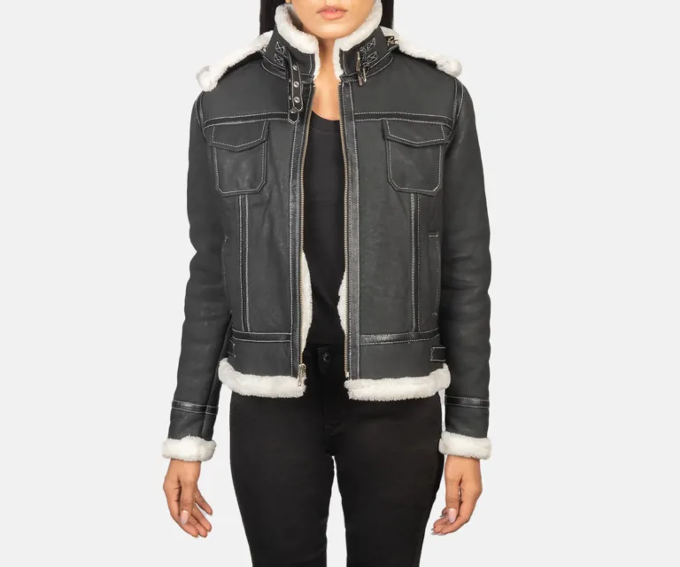Fiona Black Hooded Shearling Leather Jacket Luxury Women's Outerwear — Front Silhouette Hero Presentation