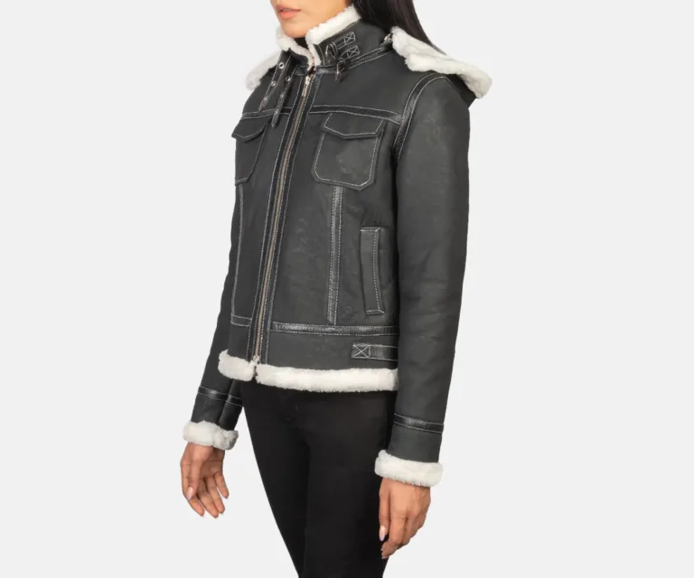 Fiona Black Hooded Shearling Leather Jacket Luxury Women's Outerwear — Three-Quarter Editorial Perspective