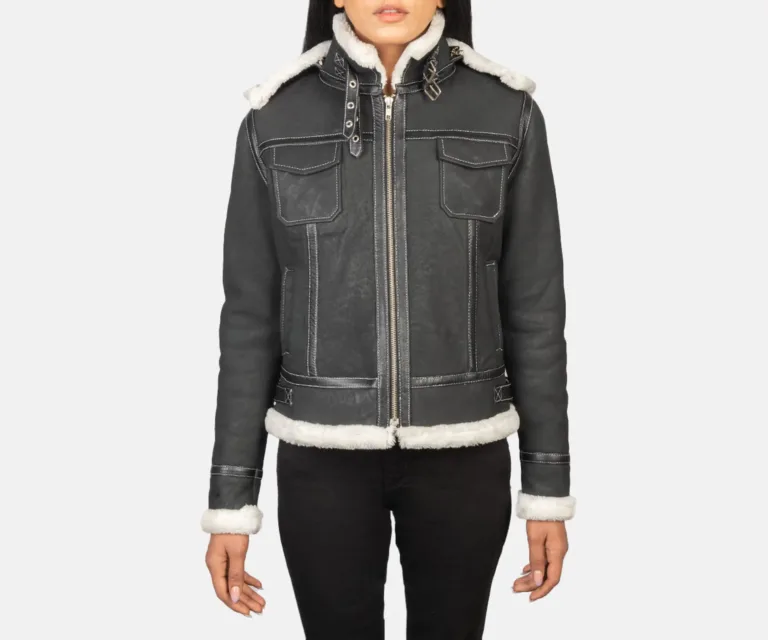 Fiona Black Hooded Shearling Leather Jacket Luxury Women's Outerwear — Rear Profile & Tailored Seaming