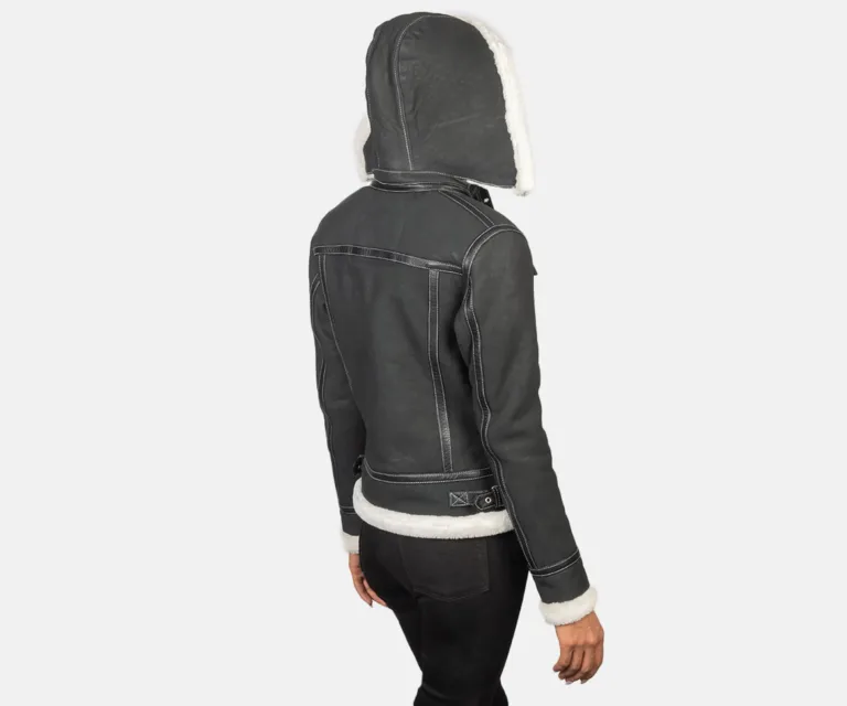 Fiona Black Hooded Shearling Leather Jacket Luxury Women's Outerwear — Macro Hardware & Leather Grain