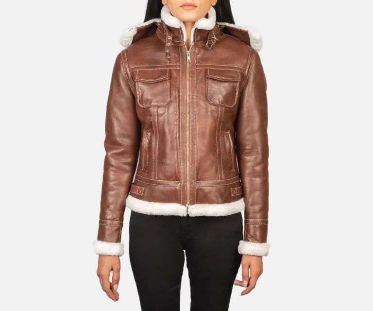 Fiona Brown Hooded Shearling Leather Jacket Luxury Women's Outerwear — Front Silhouette Hero Presentation
