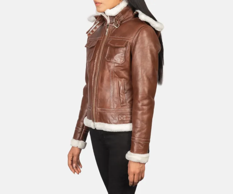 Fiona Brown Hooded Shearling Leather Jacket Luxury Women's Outerwear — Three-Quarter Editorial Perspective