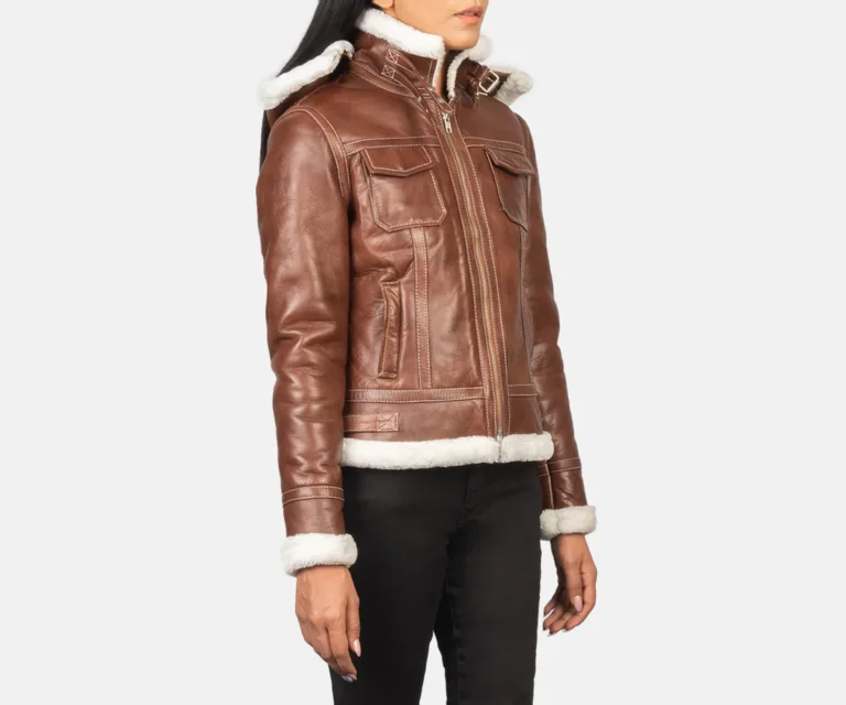 Fiona Brown Hooded Shearling Leather Jacket Luxury Women's Outerwear — Rear Profile & Tailored Seaming