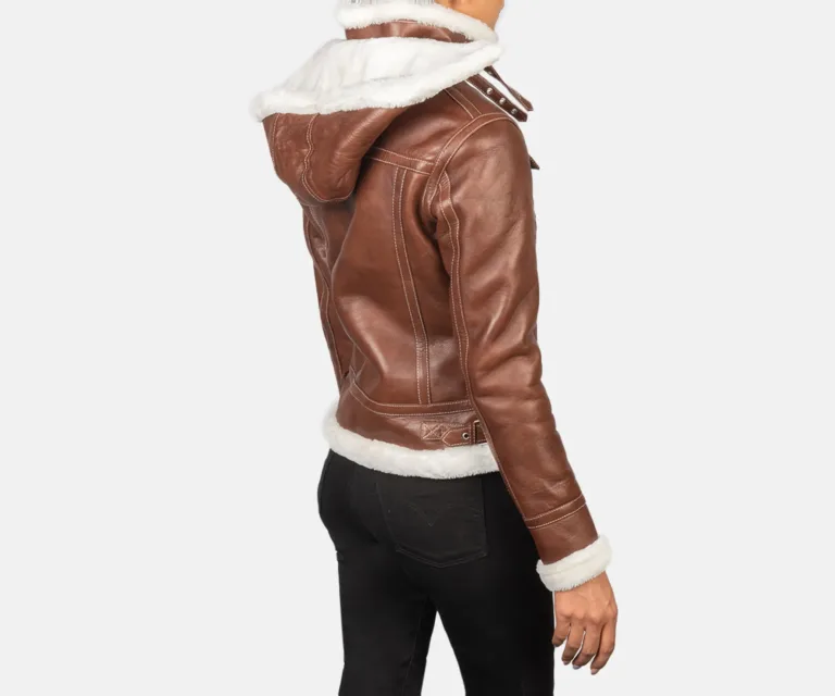 Fiona Brown Hooded Shearling Leather Jacket Luxury Women's Outerwear — Macro Hardware & Leather Grain