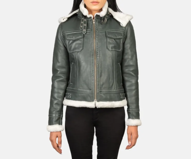Fiona Green Hooded Shearling Leather Jacket Luxury Women's Outerwear — Front Silhouette Hero Presentation