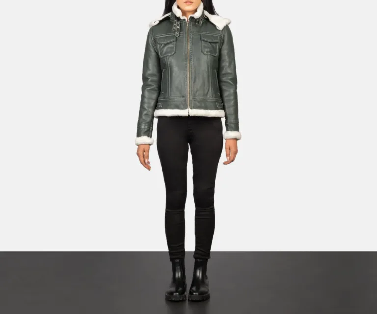 Fiona Green Hooded Shearling Leather Jacket Luxury Women's Outerwear — Three-Quarter Editorial Perspective