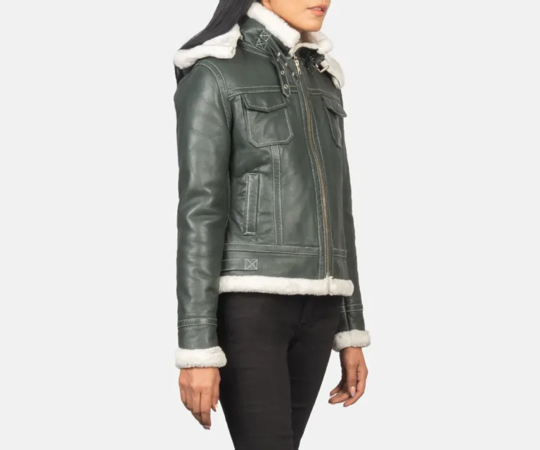 Fiona Green Hooded Shearling Leather Jacket Luxury Women's Outerwear — Rear Profile & Tailored Seaming