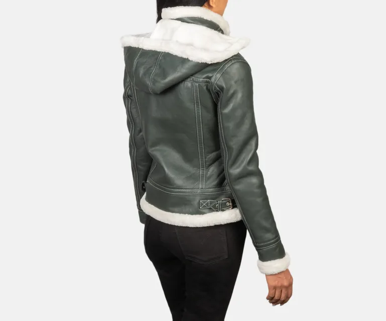 Fiona Green Hooded Shearling Leather Jacket Luxury Women's Outerwear — Macro Hardware & Leather Grain