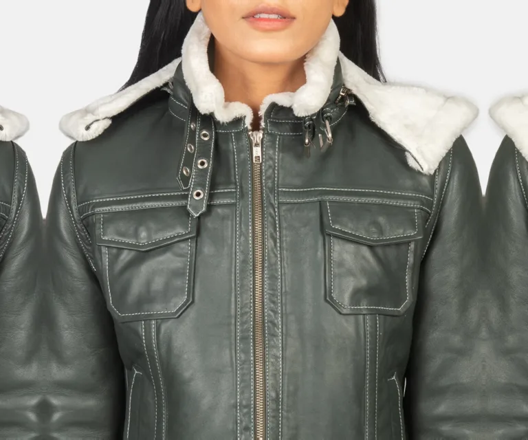 Fiona Green Hooded Shearling Leather Jacket Luxury Women's Outerwear — Full-Length Silhouette & Drape