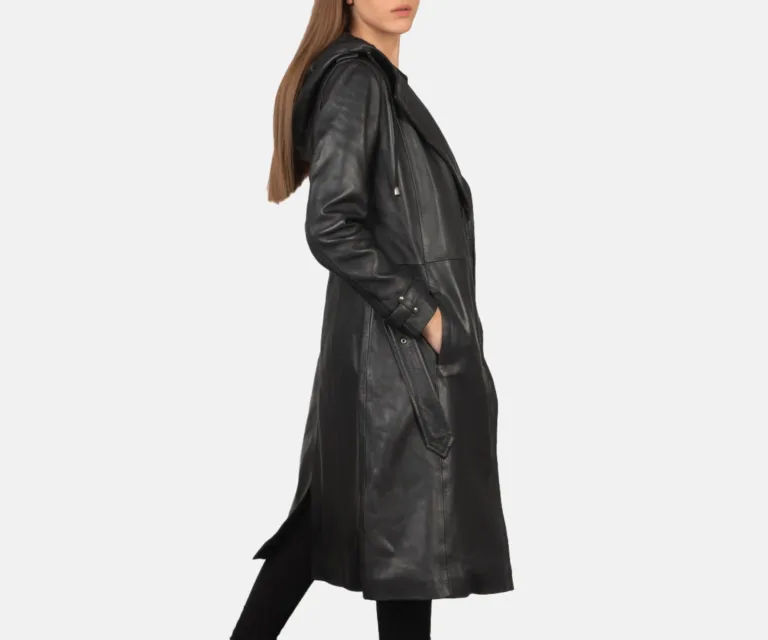 Fixon Hooded Black Trench Coat Luxury Women's Outerwear — Three-Quarter Editorial Perspective