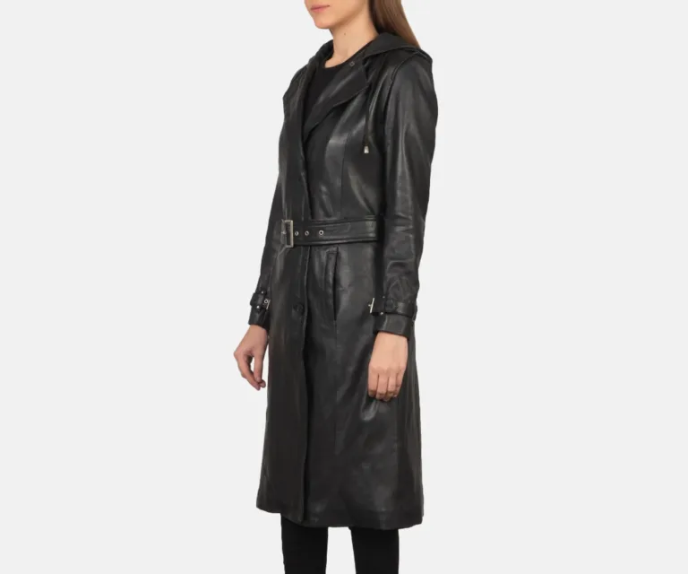 Fixon Hooded Black Trench Coat Luxury Women's Outerwear — Rear Profile & Tailored Seaming