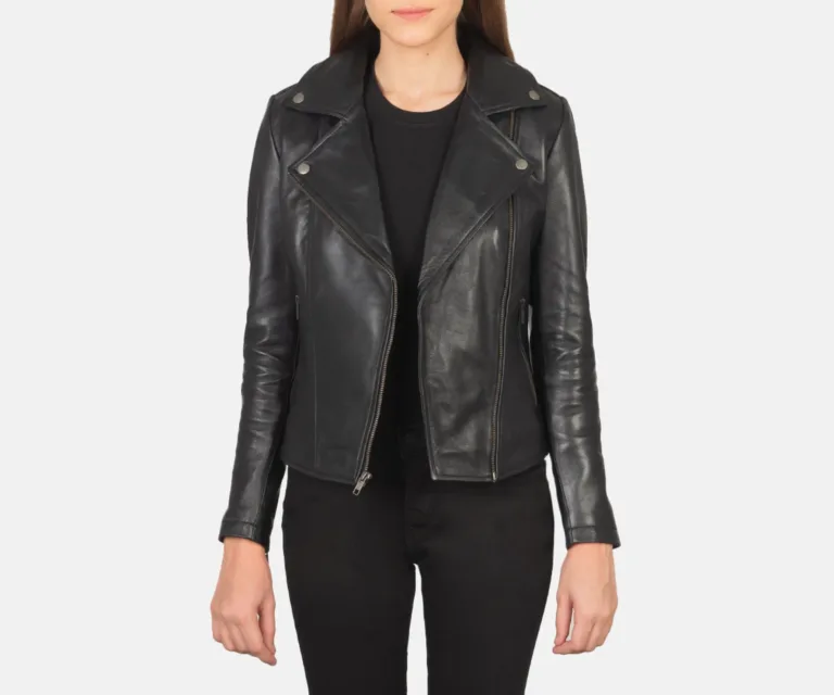 Flashback Black Leather Biker Jacket Luxury Women's Biker Jacket — Three-Quarter Editorial Perspective